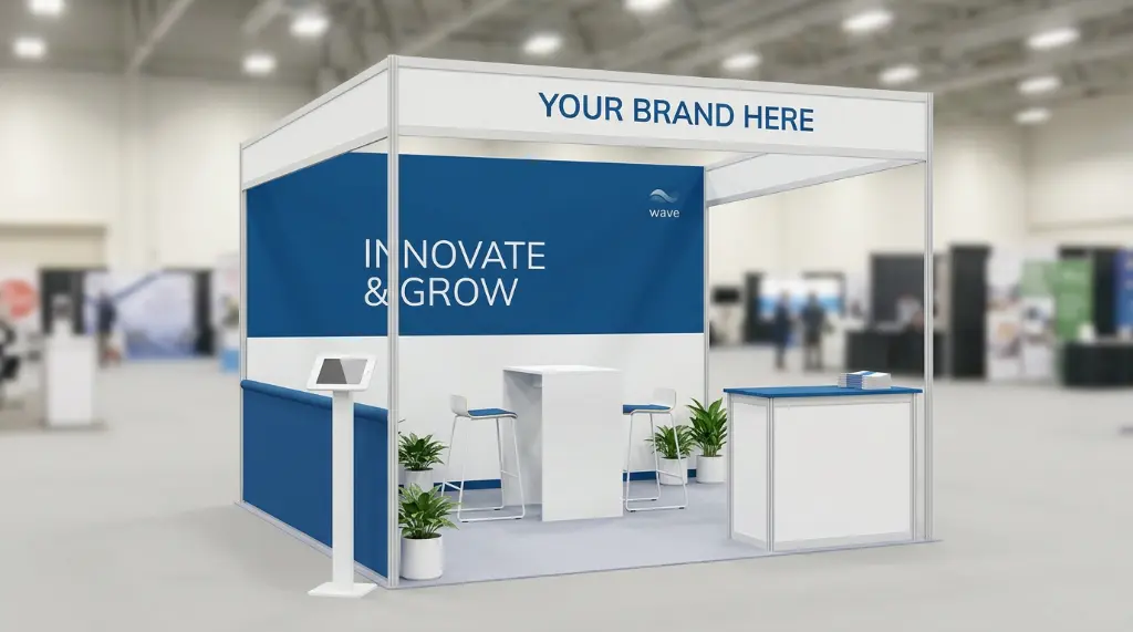 Simple modular trade show booth with blue and white design, clean professional look, basic structure, minimal furniture, open layout.webp