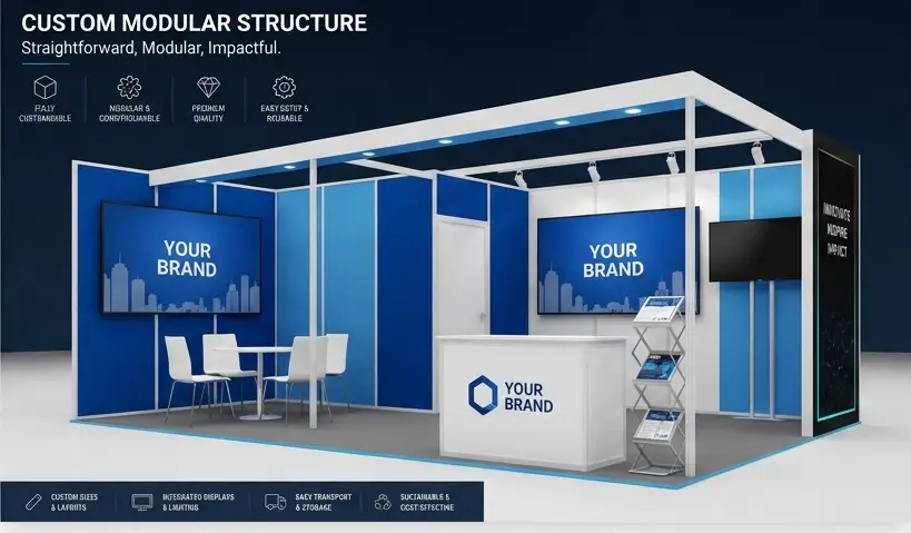 Straightforward modular booth with blue and white color scheme, open design, simple furniture arrangement, clean professional exhibition stand.webp